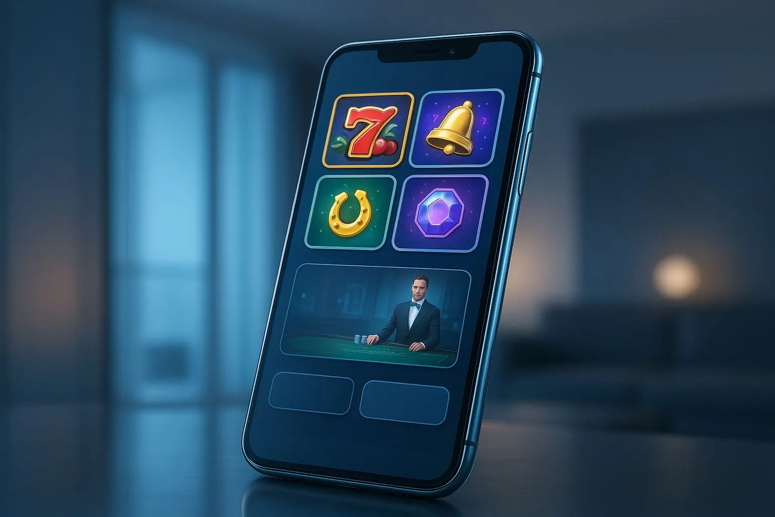 Grote smartphone met moderne mobiele spel-lobby in premium stijl