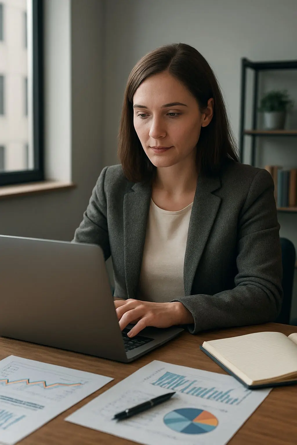 Fictieve expert analist achter laptop in een neutrale werkomgeving