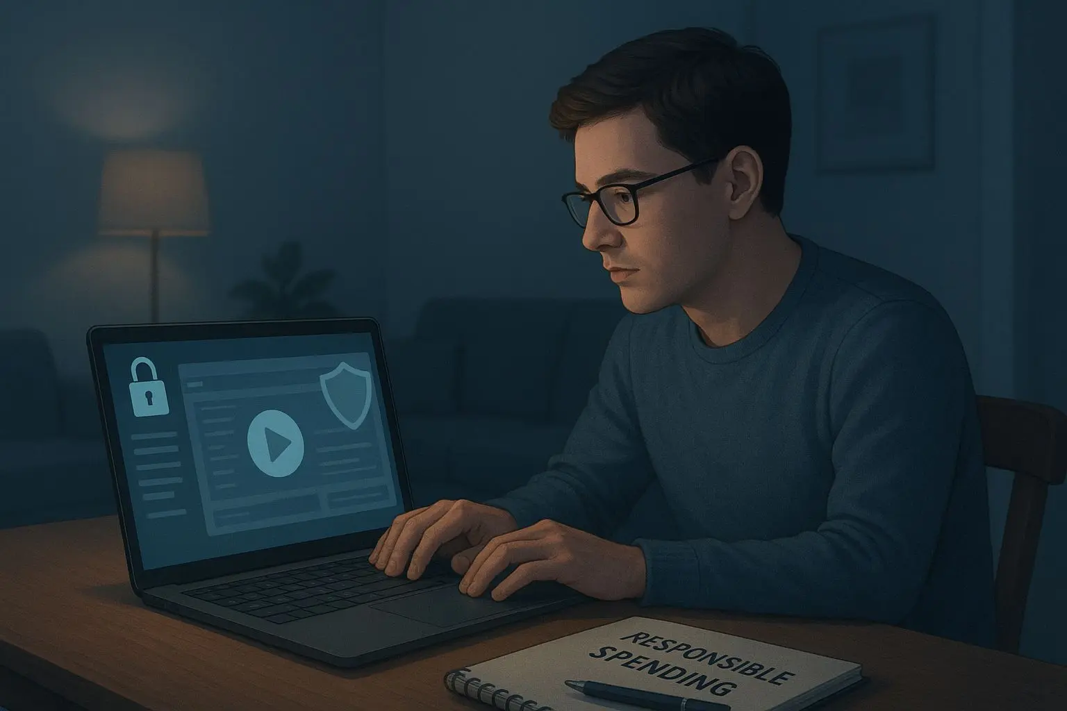 Veilig online spelen met laptop, sloticoon en focus op controle