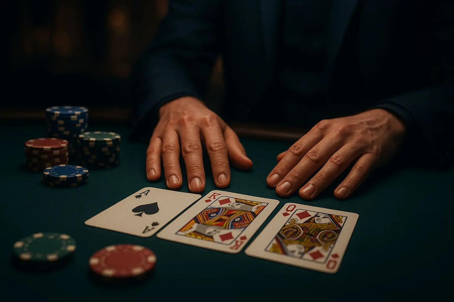 Sfeervolle kaarttafel met kaarten, fiches en dealer in premium online speelstijl