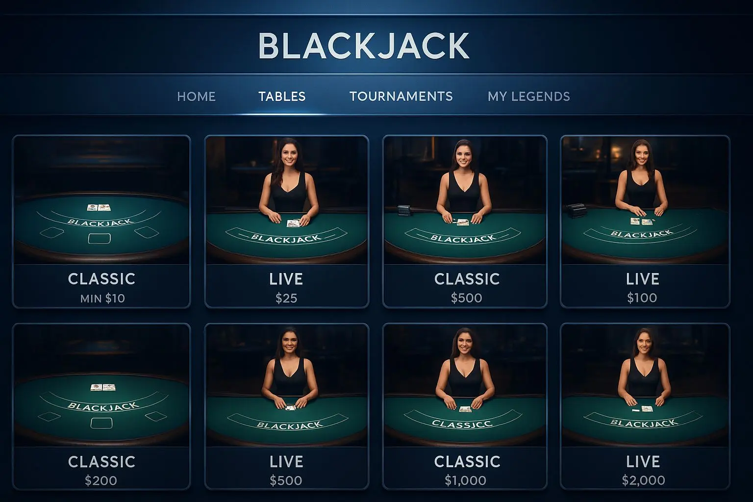 Overzicht van blackjacklobby met klassieke en live tafels