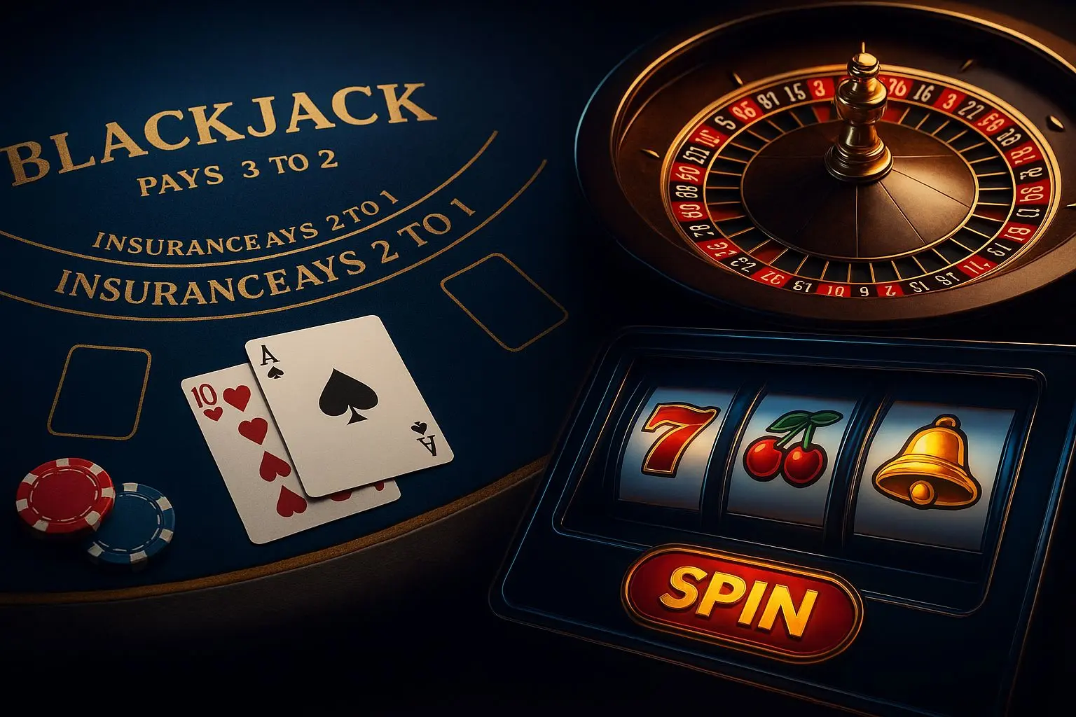 Collage van blackjack, roulette en slots voor spelvariatie