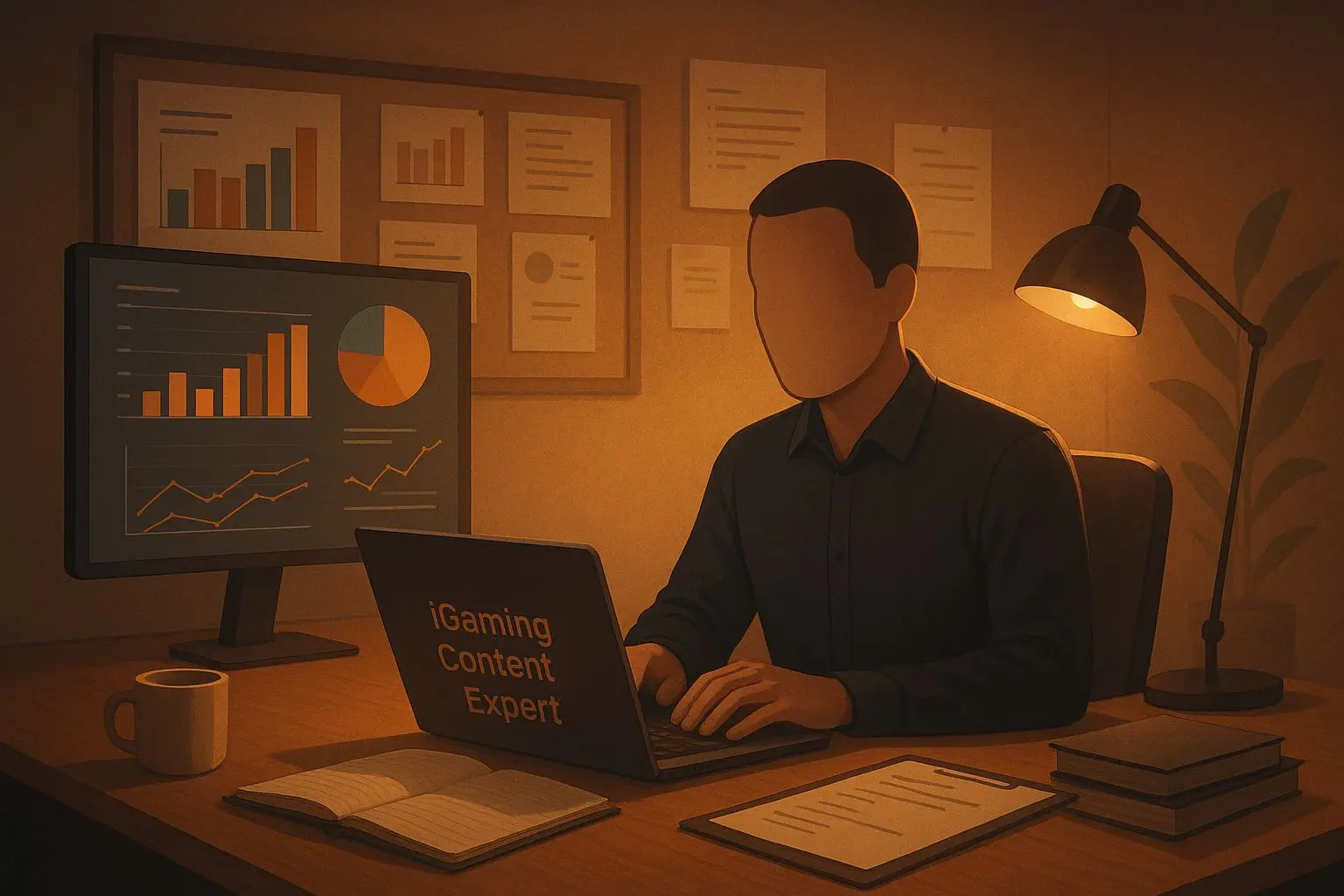 Abstract beeld van een online gamingexpert aan een laptop in een moderne werkomgeving