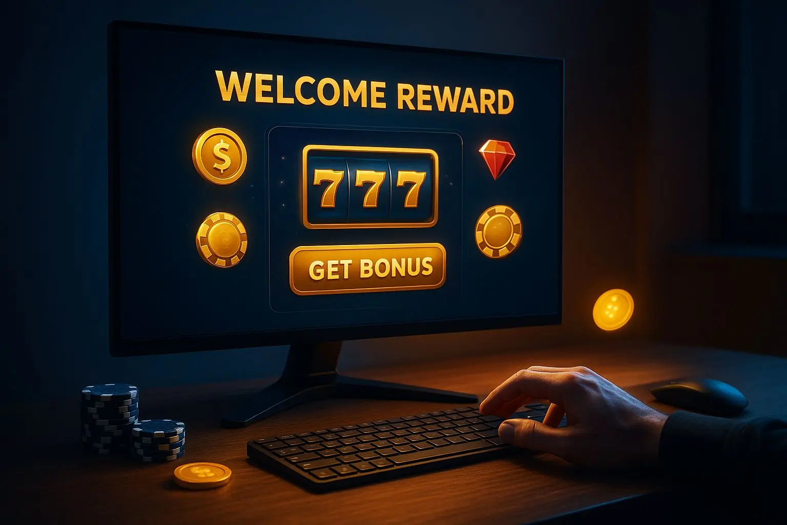 Speler activeert een welkomstbonus op scherm met bonuspopup en free spins-iconen