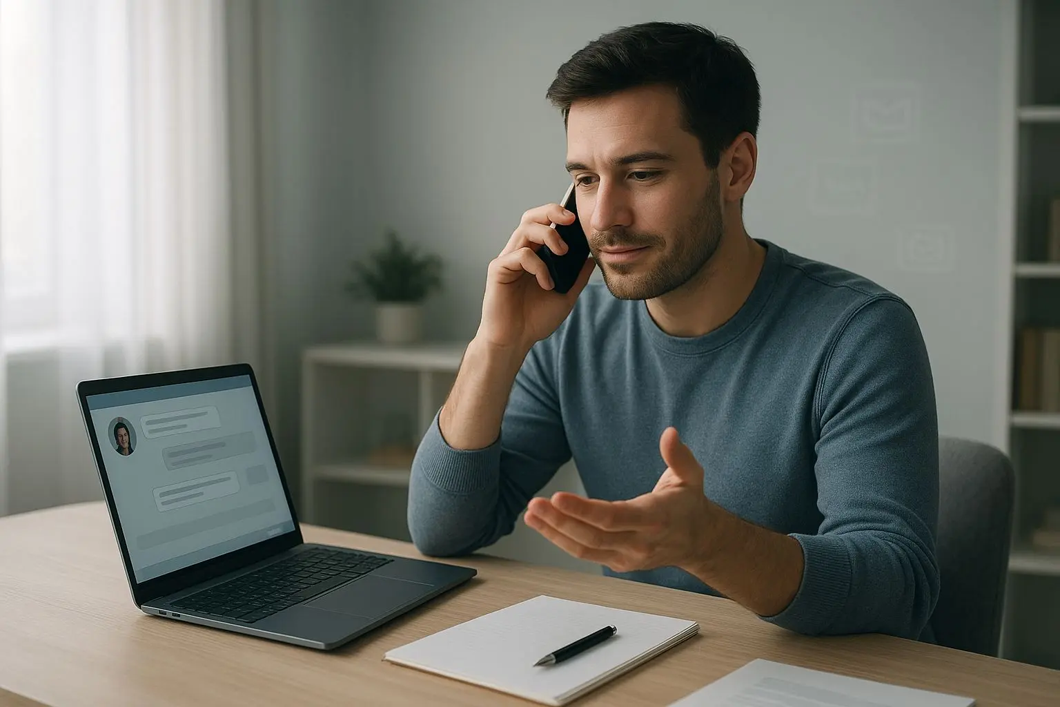 Speler in gesprek met klantenservice via chat en telefoon in een rustige ondersteuningsscene