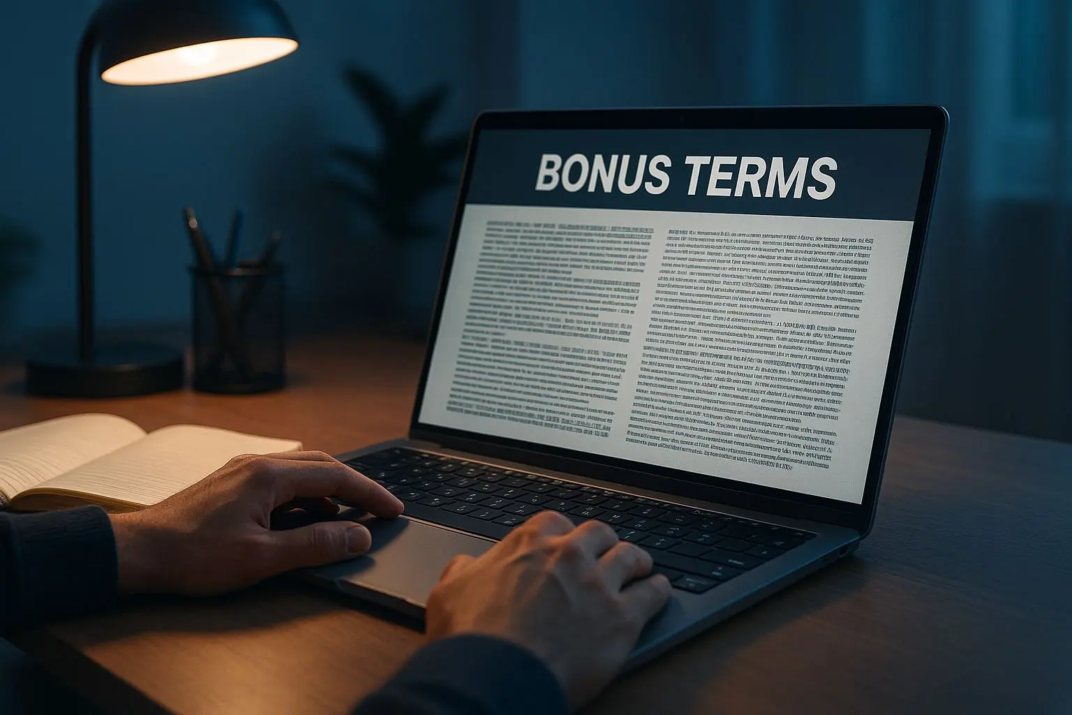 Speler leest zorgvuldig bonusvoorwaarden op een laptop