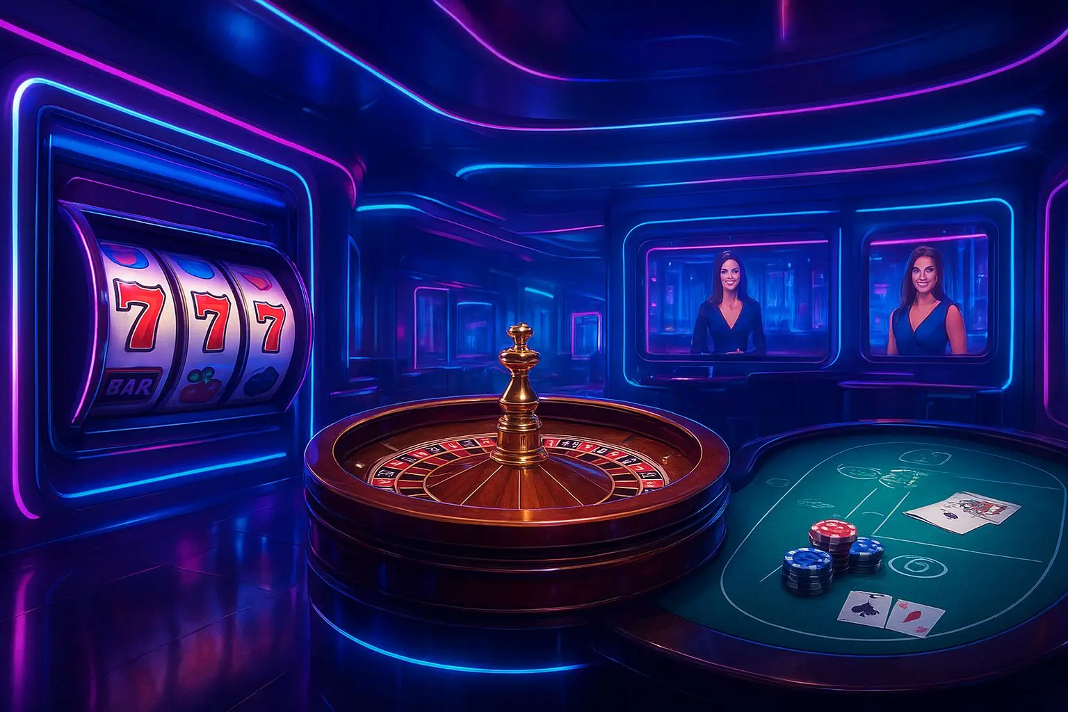 Neon spel-lobby met gokkasten, roulette, blackjack en live studio sfeer