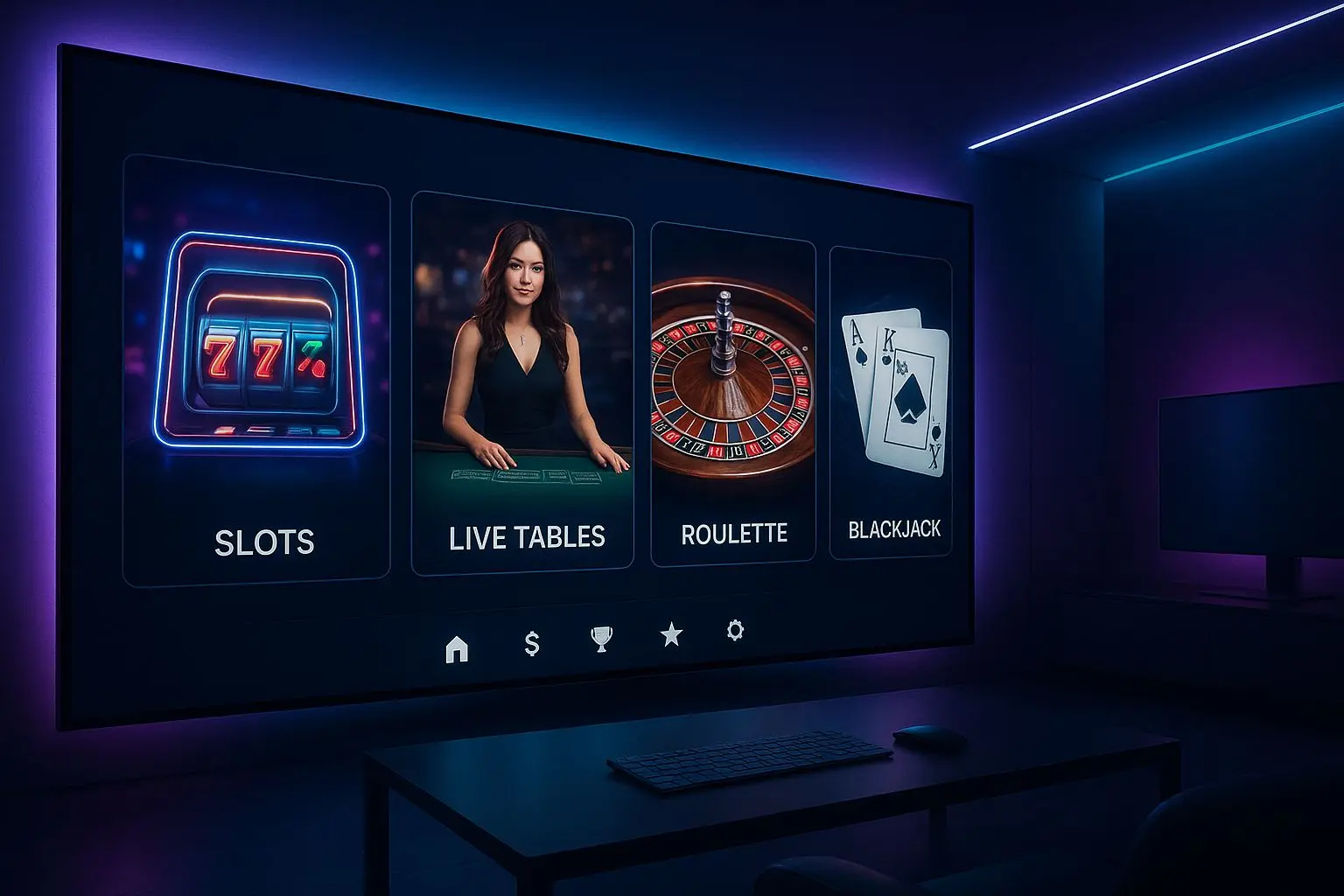 Online spellobby met verschillende spelcategorie&euml;n in neonstijl