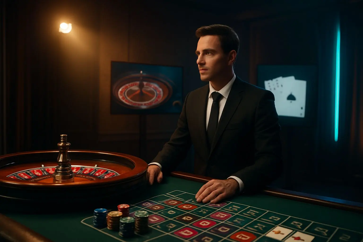 Live tafelspel studio met roulette en blackjack sfeer