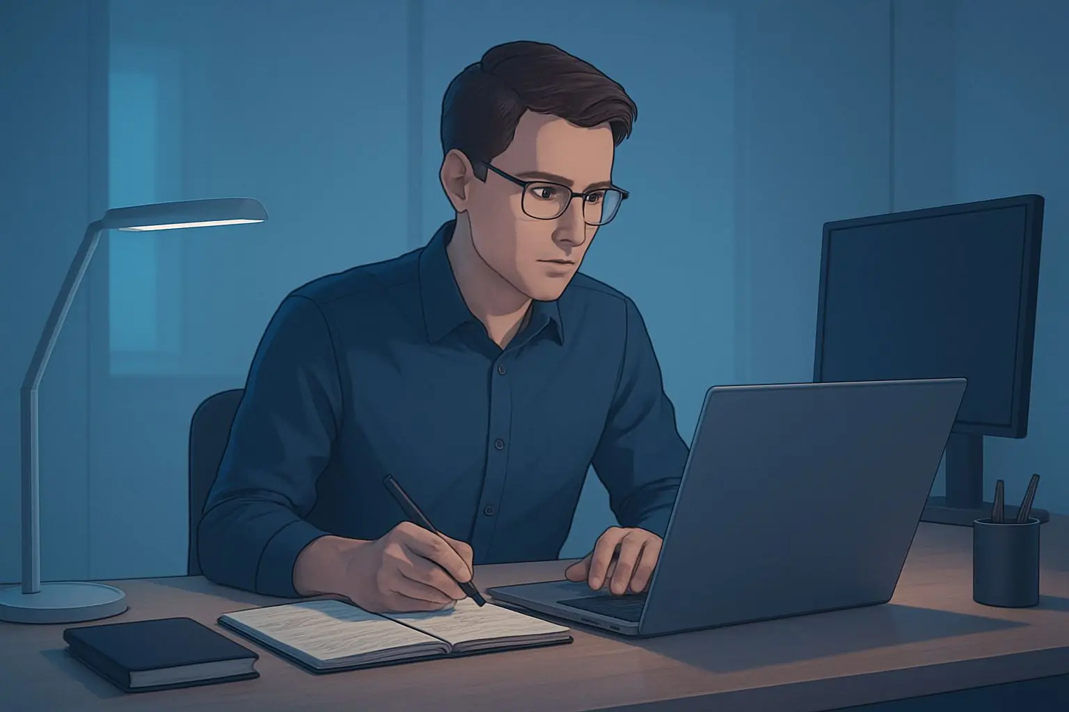 Illustratie van een contentprofessional achter laptop en notities