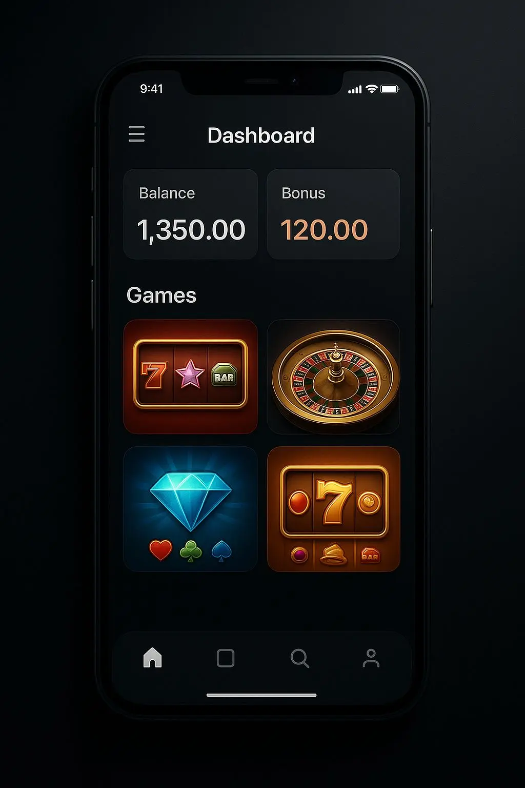 Accountoverzicht met saldo, bonus en spellobby