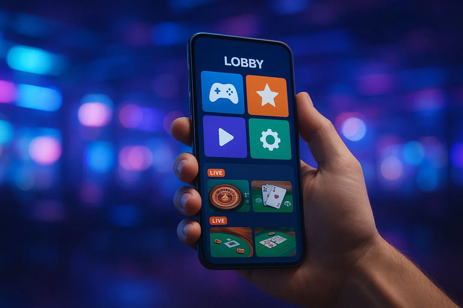 Speler met smartphone en mobiele spelinterface in een rustige moderne setting