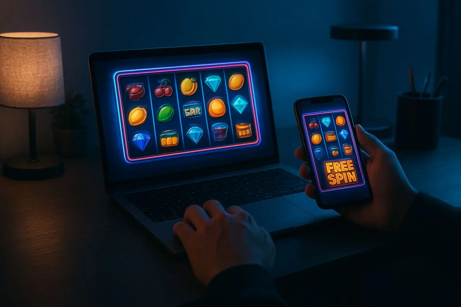 Speler met laptop en telefoon bekijkt gratis speelronde-achtige bonusinterface