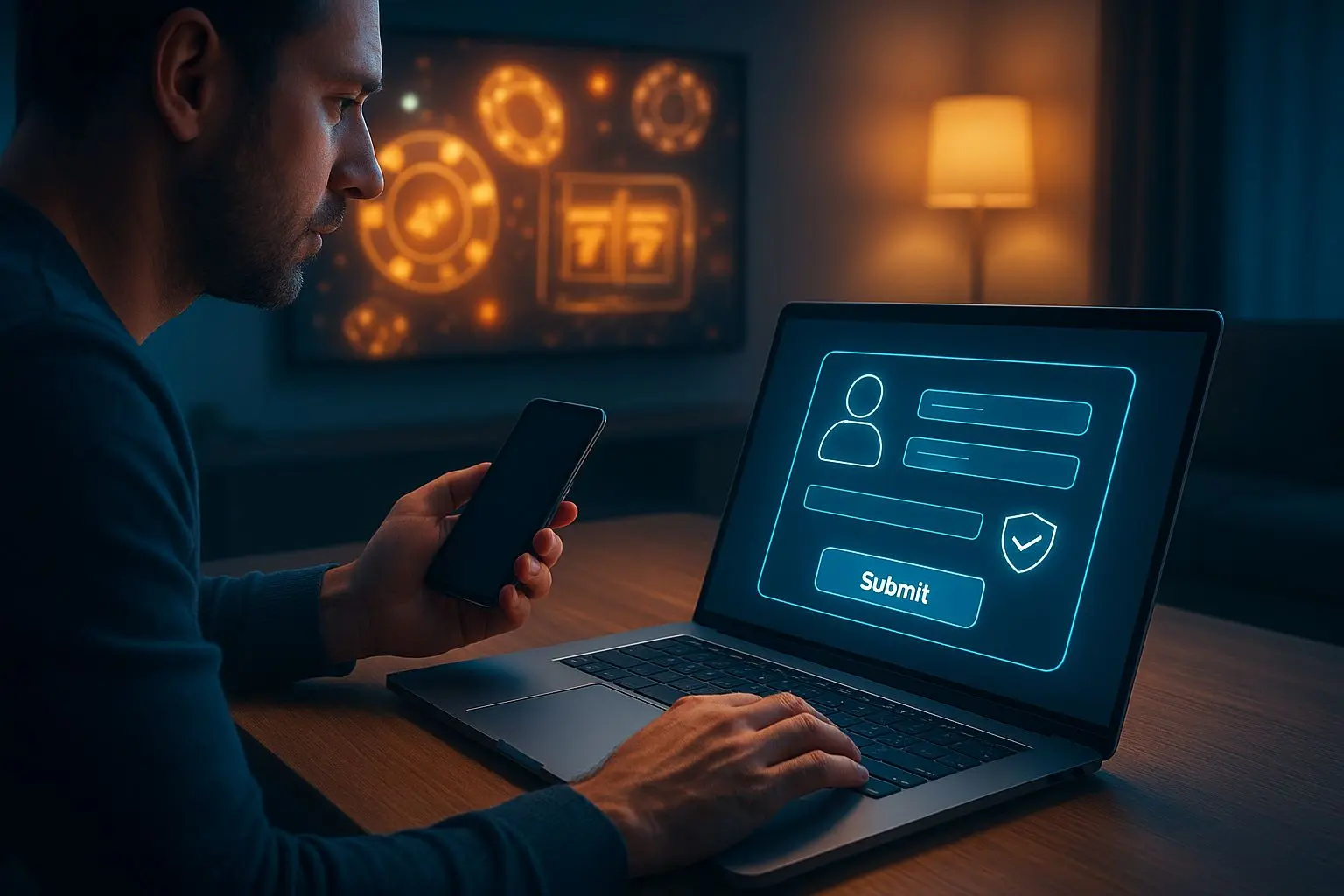Speler registreert zich via laptop en mobiel in een veilige online omgeving