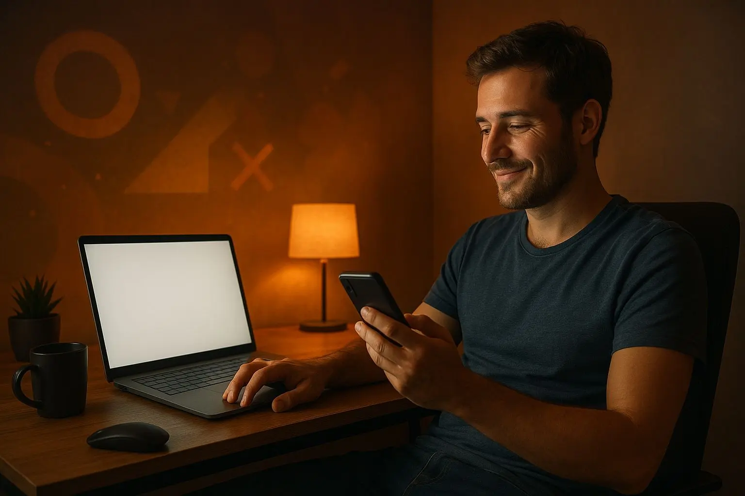 Speler gebruikt laptop en smartphone voor online spelplatform
