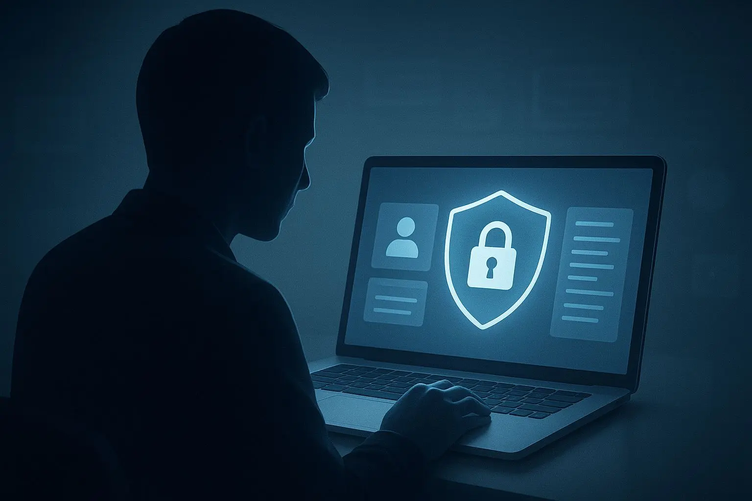 Speler bekijkt persoonlijke gegevens op laptop in rustige privacygerichte setting