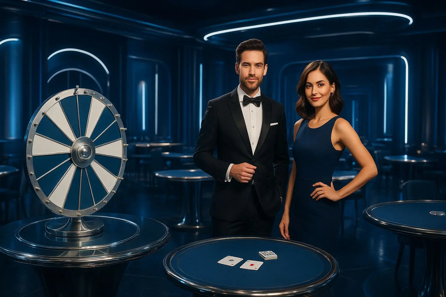 Stijlvolle live studio met grote speeltafels en hosts in beeld