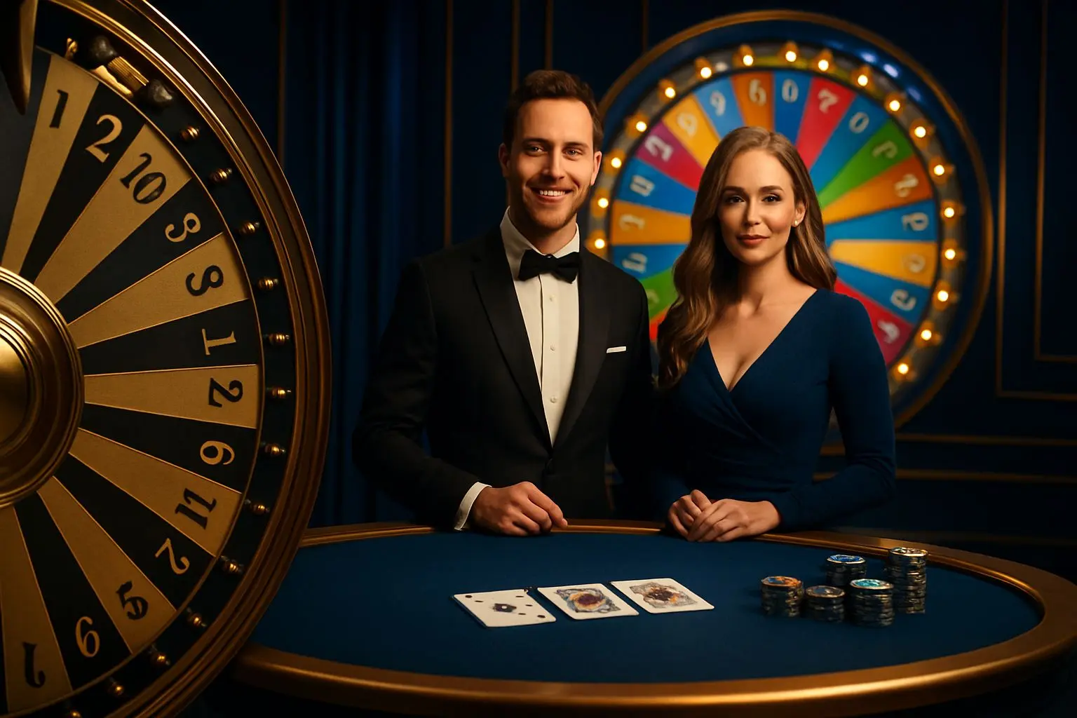 Collage van live roulette, kaarttafel en showwiel