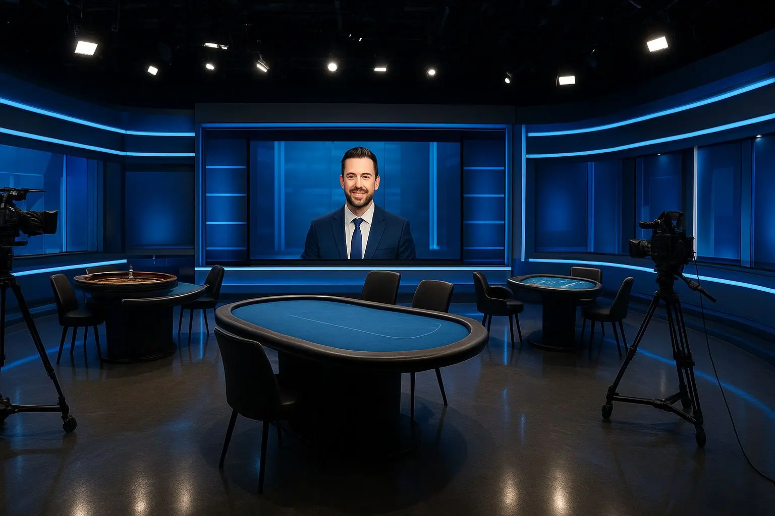 Overzicht van een live studio met meerdere tafels en host in beeld