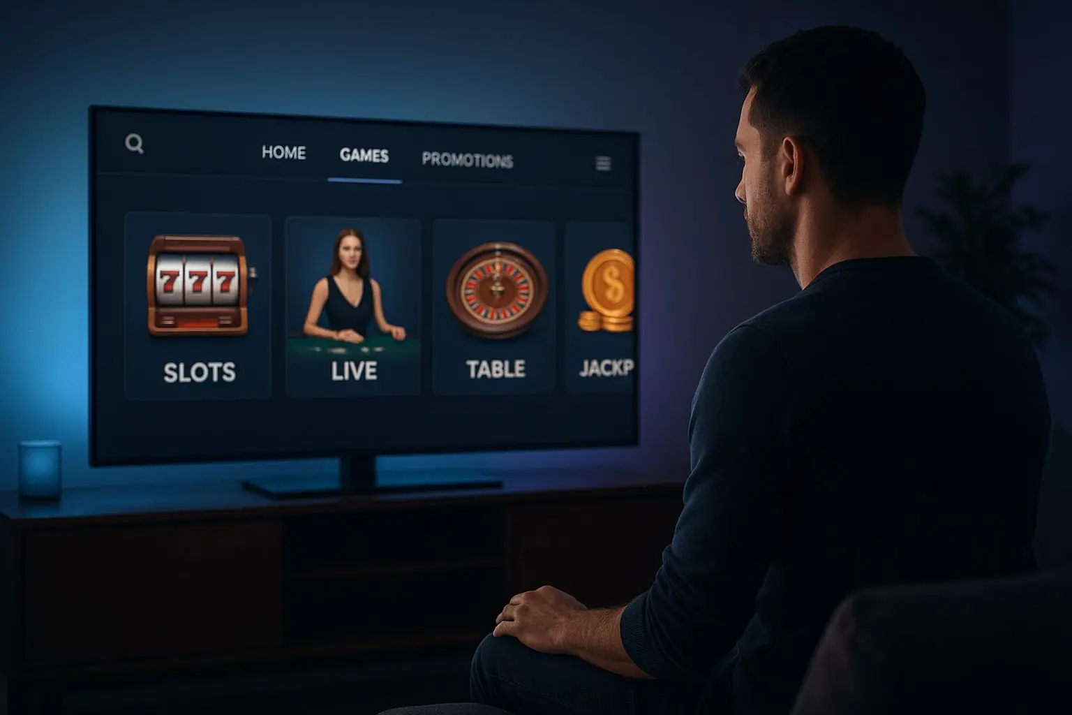 Speler bekijkt na inloggen verschillende spelcategorie&euml;n op het scherm