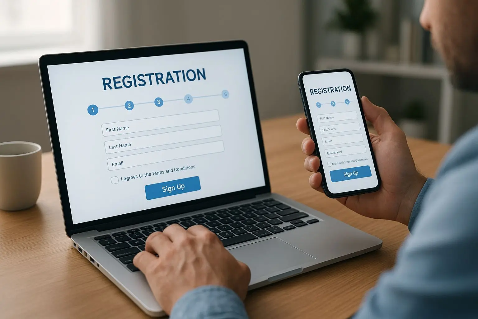 Gebruiker vult online registratieformulier in met duidelijke stappen op laptop