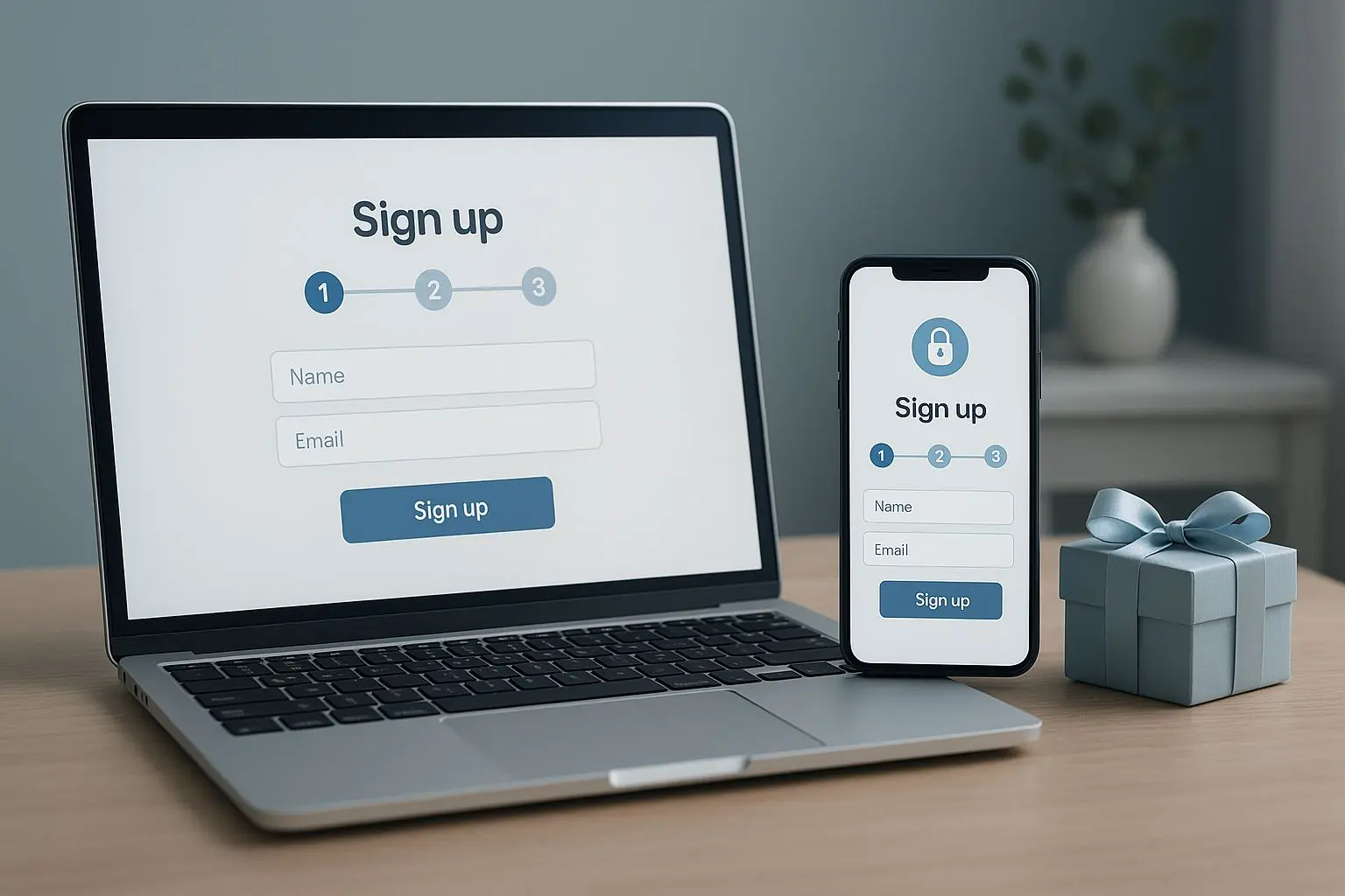 Registratieproces op laptop en smartphone met focus op veiligheid en starten met spelen