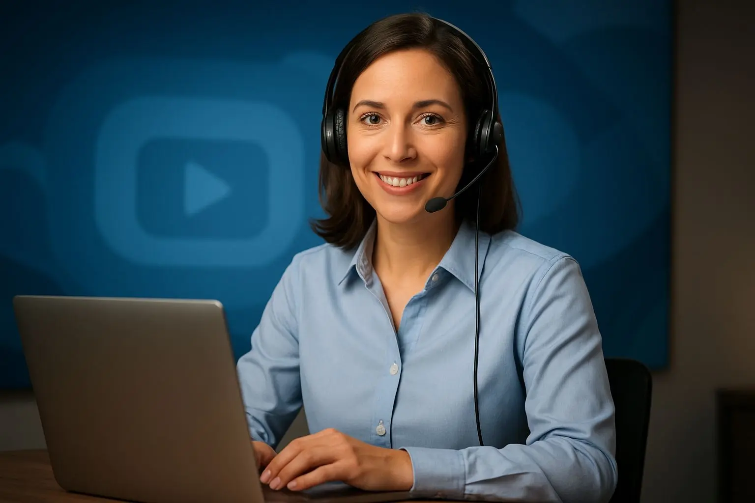 Vriendelijke klantenservice medewerker achter laptop met headset