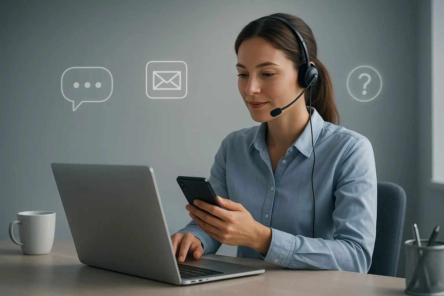 Klantenservice medewerker met laptop en chat-, e-mail- en FAQ-iconen