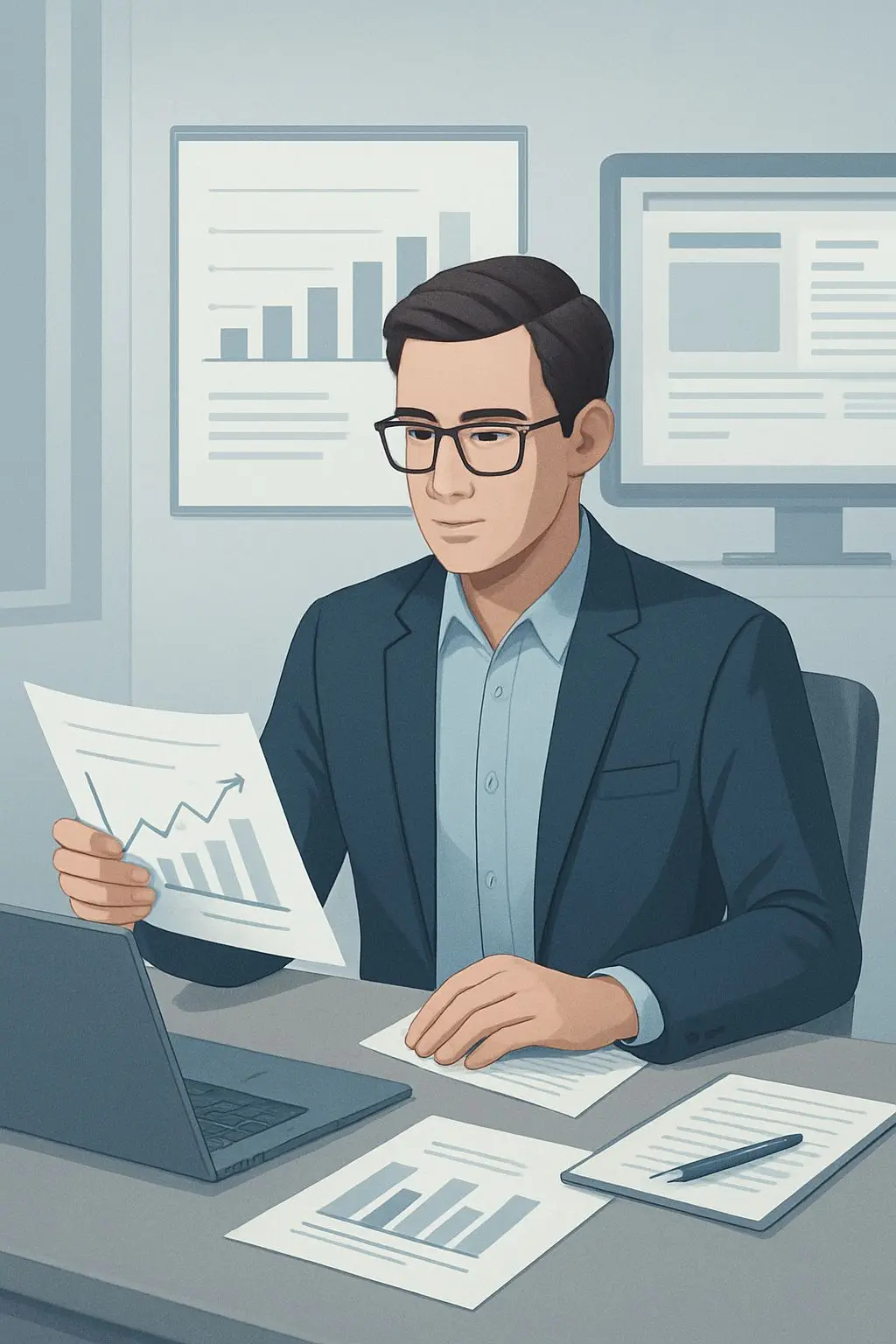 Gestileerde avatar van een analist die promotievoorwaarden beoordeelt